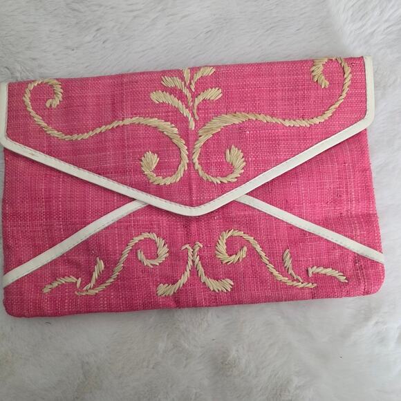 Scoop Handbags - Scoop Beach Pink Cream Envelope Clutch Bag Embroidered Woven Detailed Handbag